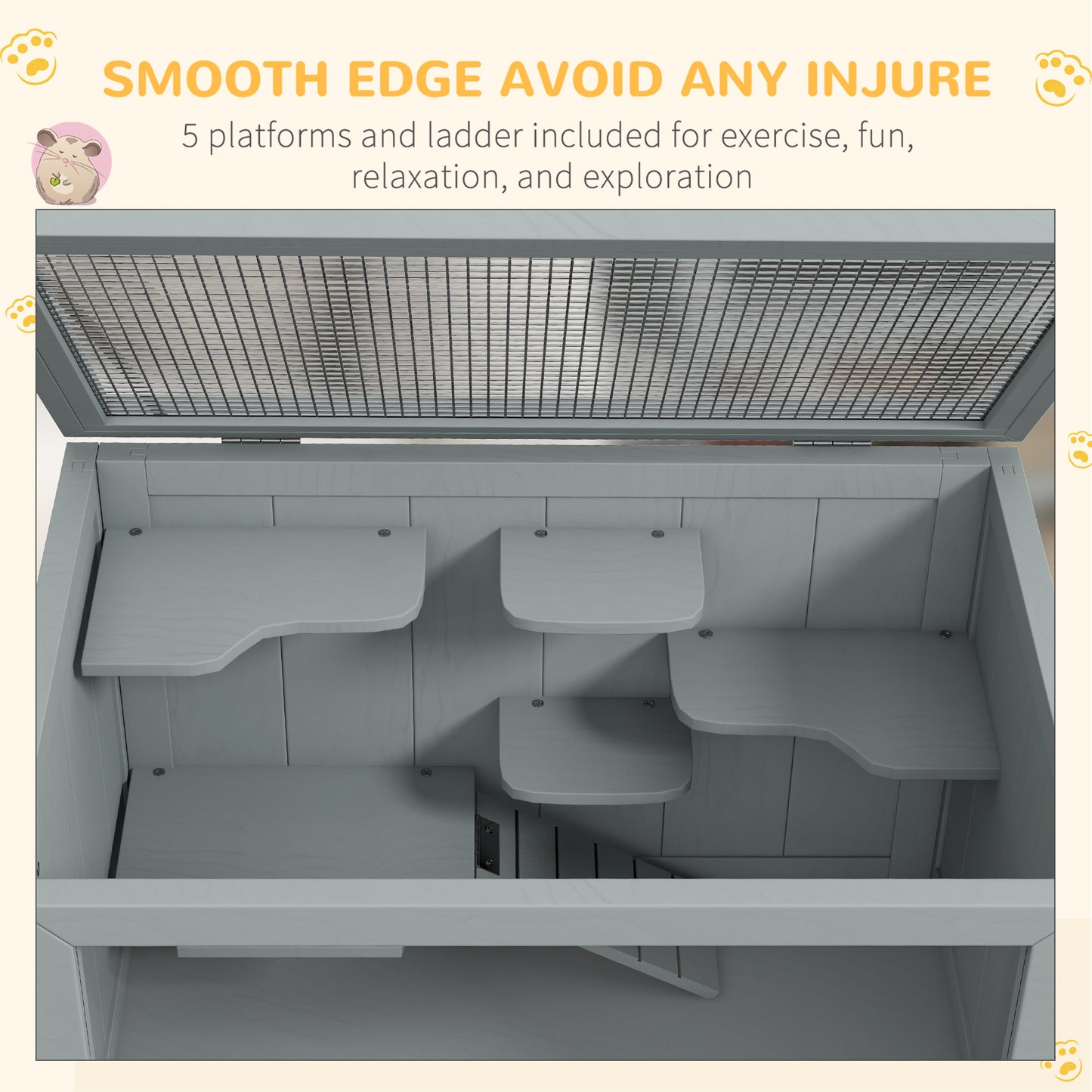 3-Tier Wooden Hamster Cage with Openable Top and Storage Shelf - Gray, 830x450x185mm
