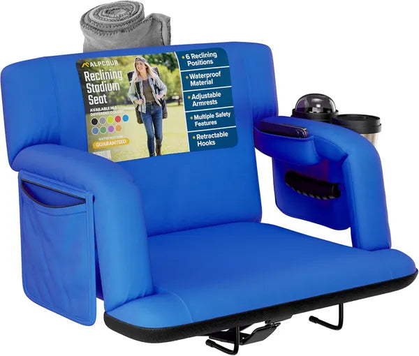 Premium Bleacher Reclining Stadium Seat with Back Support - Royal Blue 25" Wide