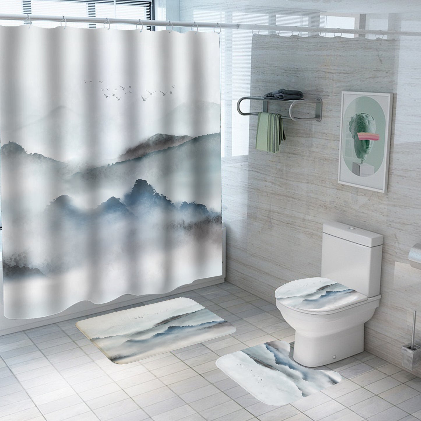 Digital Printing Polyester Bathroom Shower Curtain with Chinese Landscape Design