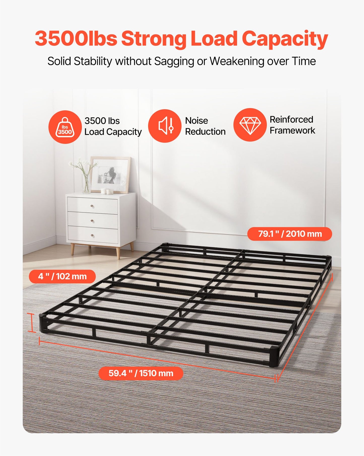 Queen Size Bed Frame with Washable Fabric Cover - Heavy Duty Metal Support, 4-Inch Mattress Foundation, Easy Assembly, Black