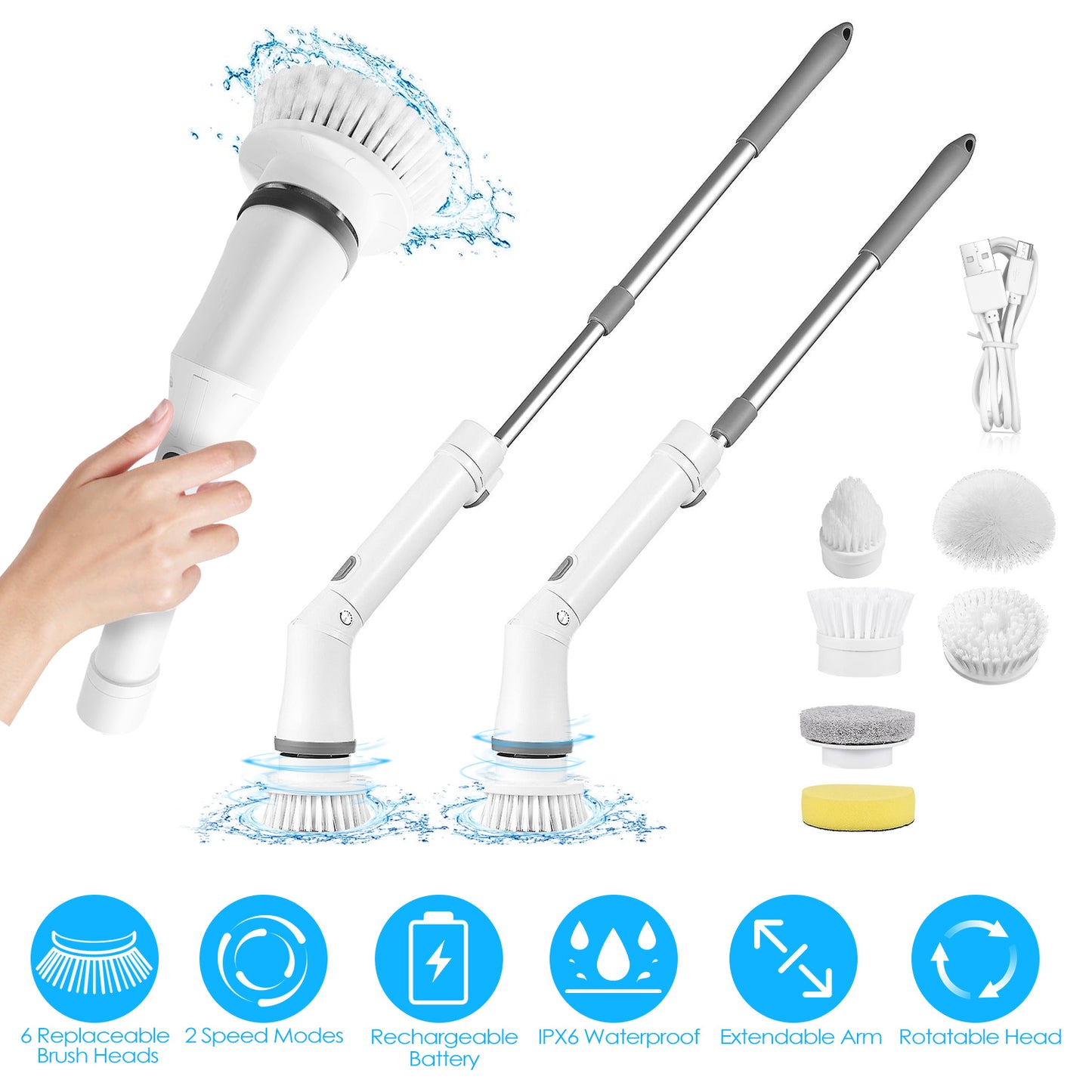 Electric Spin Scrubber Cordless Rechargeable Bathroom Tile Floor Cleaner with 6 Replaceable Heads