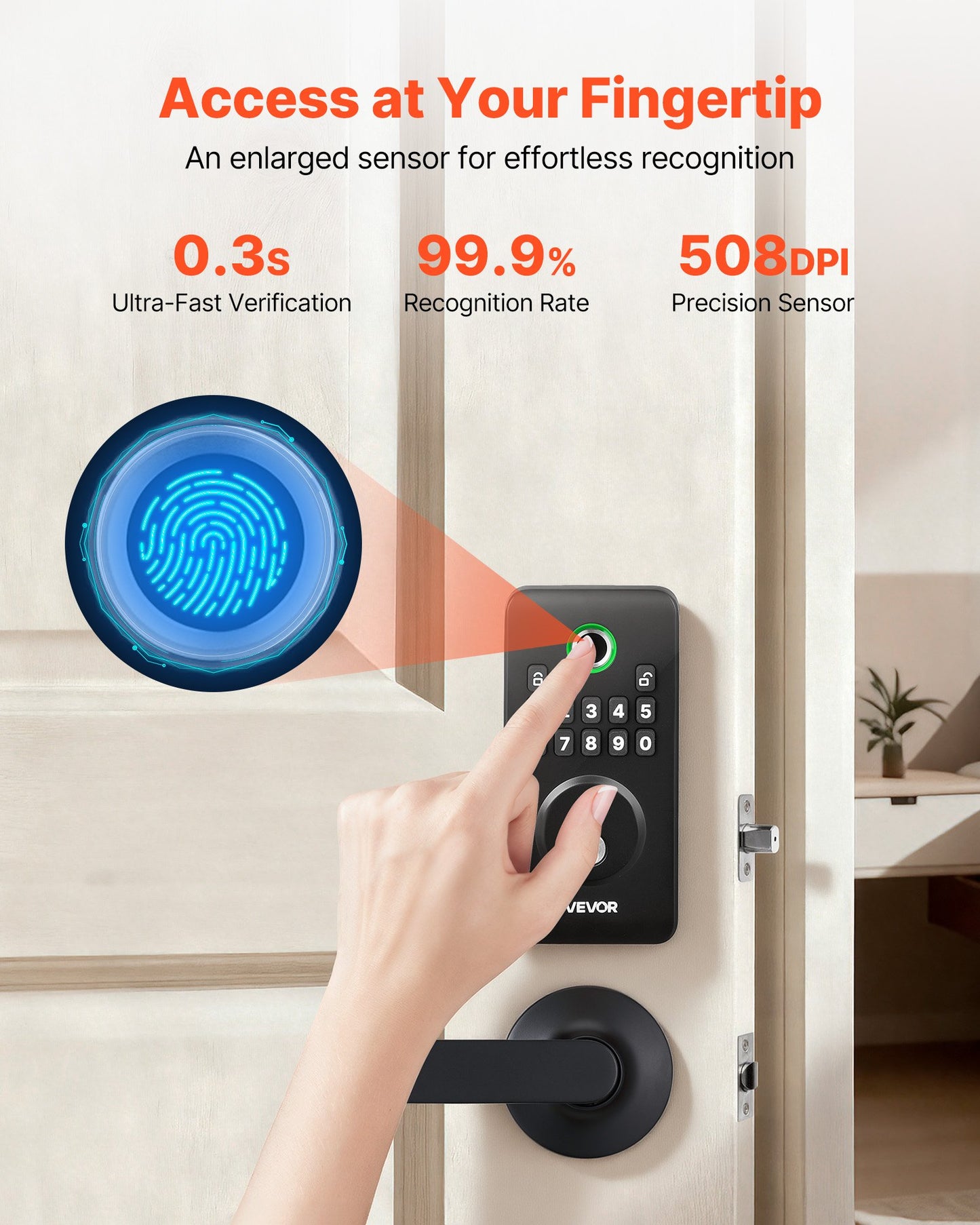 Keyless Fingerprint Door Lock Set with Handle - Auto Lock, Anti-Peek, Matte Black