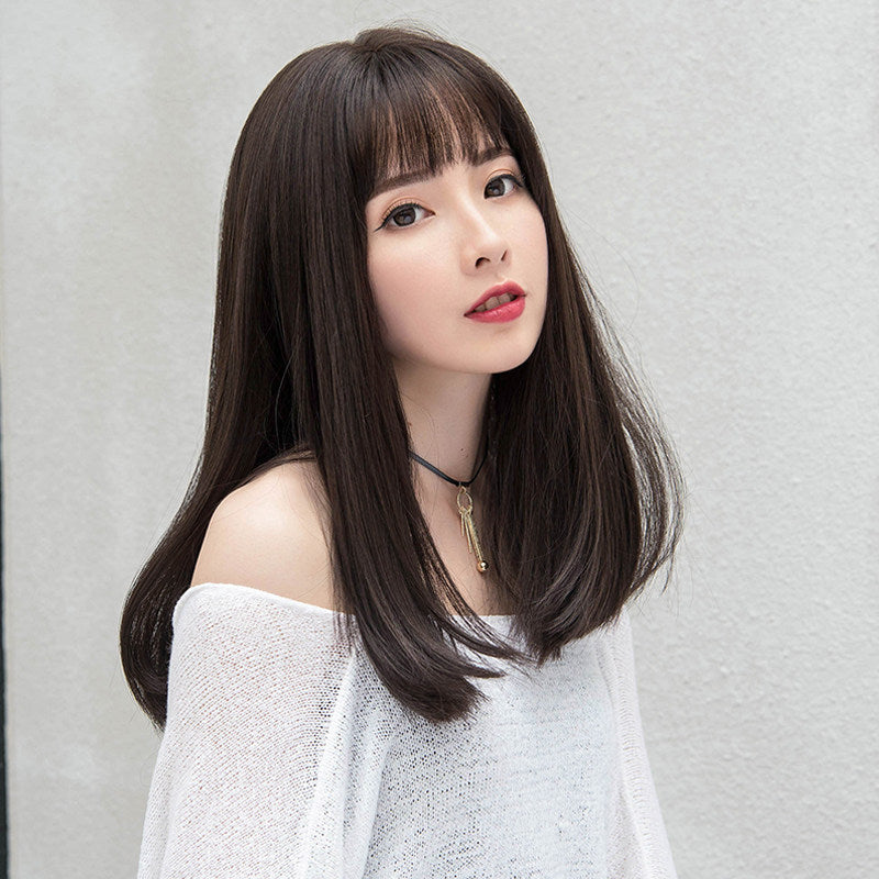 Air Bangs Medium Long Straight Wig | Synthetic Hair