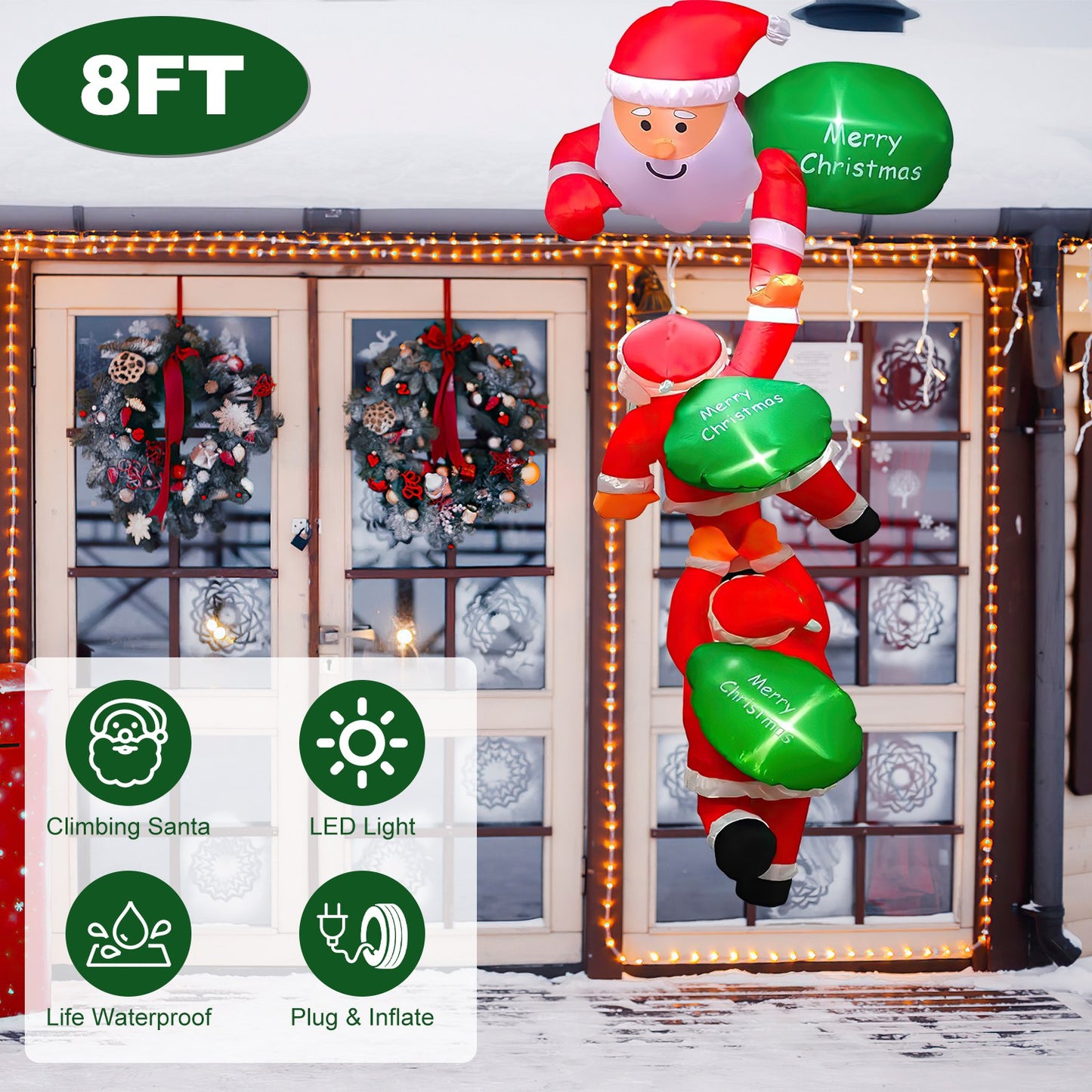 8FT Inflatable Santa Claus with LED Lights - Christmas Decoration