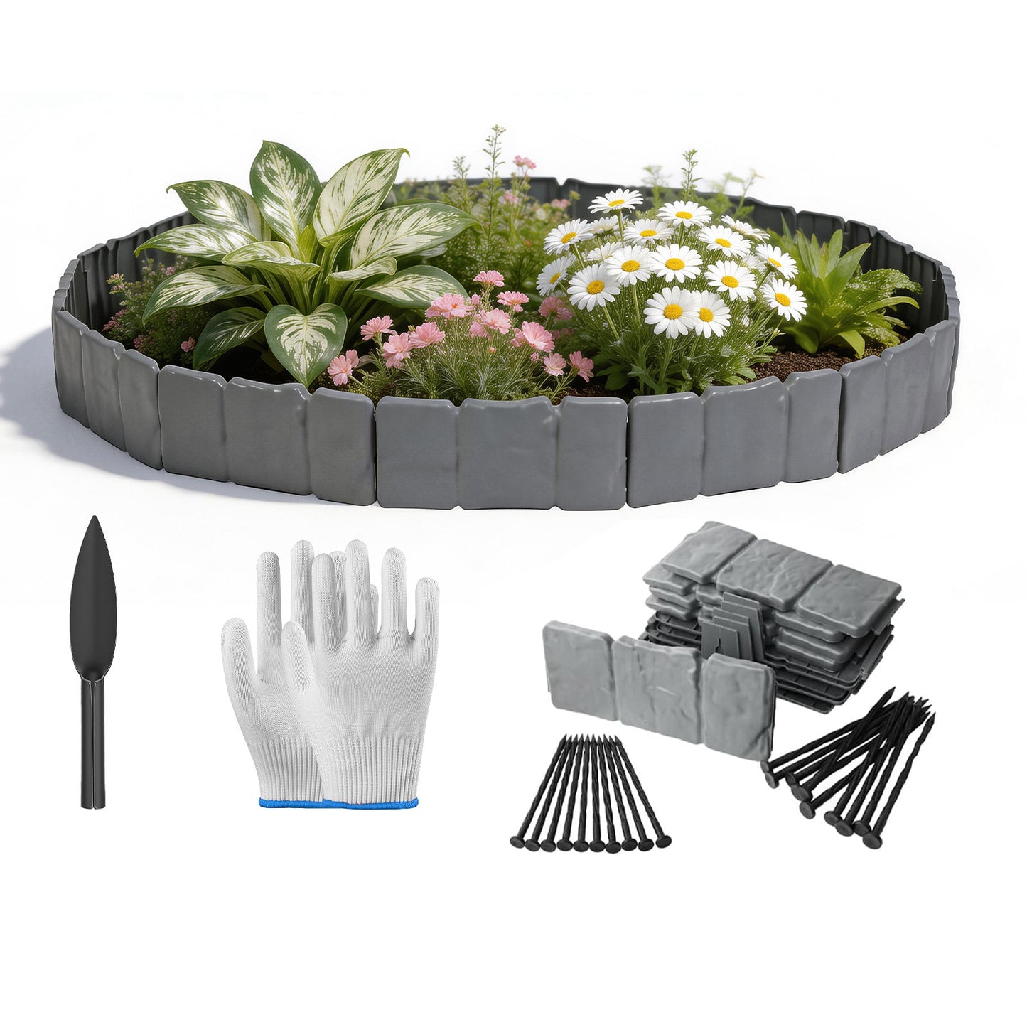 16ft Plastic Garden Edging Kit with 20 Interlocking Borders and Spikes - Flexible Lawn & Flower Bed Border