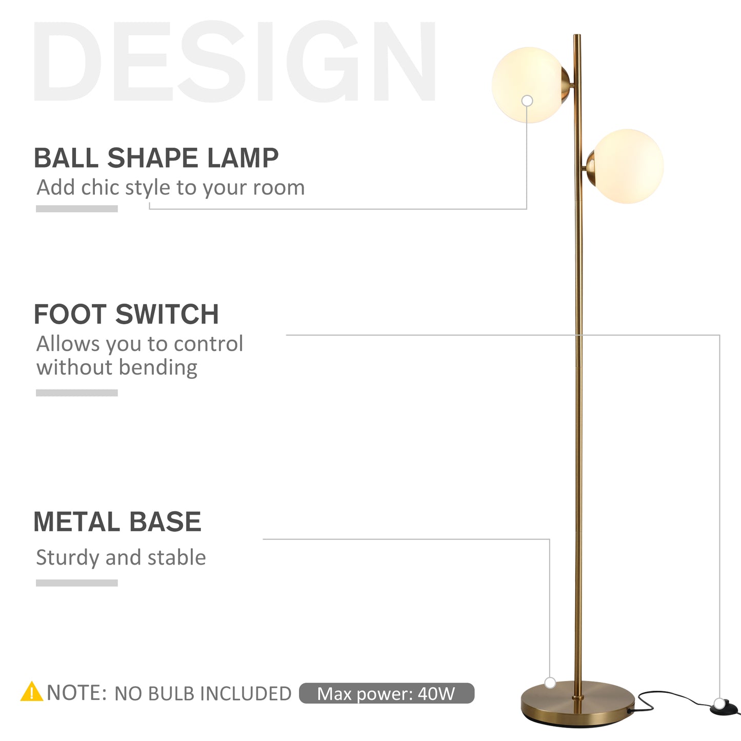 Modern Gold Floor Lamp with 2 Glass Shades - Adjustable Indoor Lighting