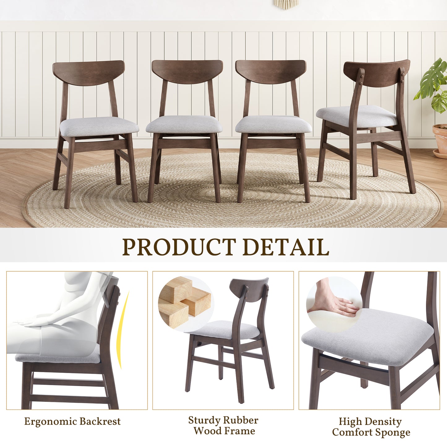 Set of 2 Modern Scandinavian Dining Chairs - Gray Fabric & Brown Wood
