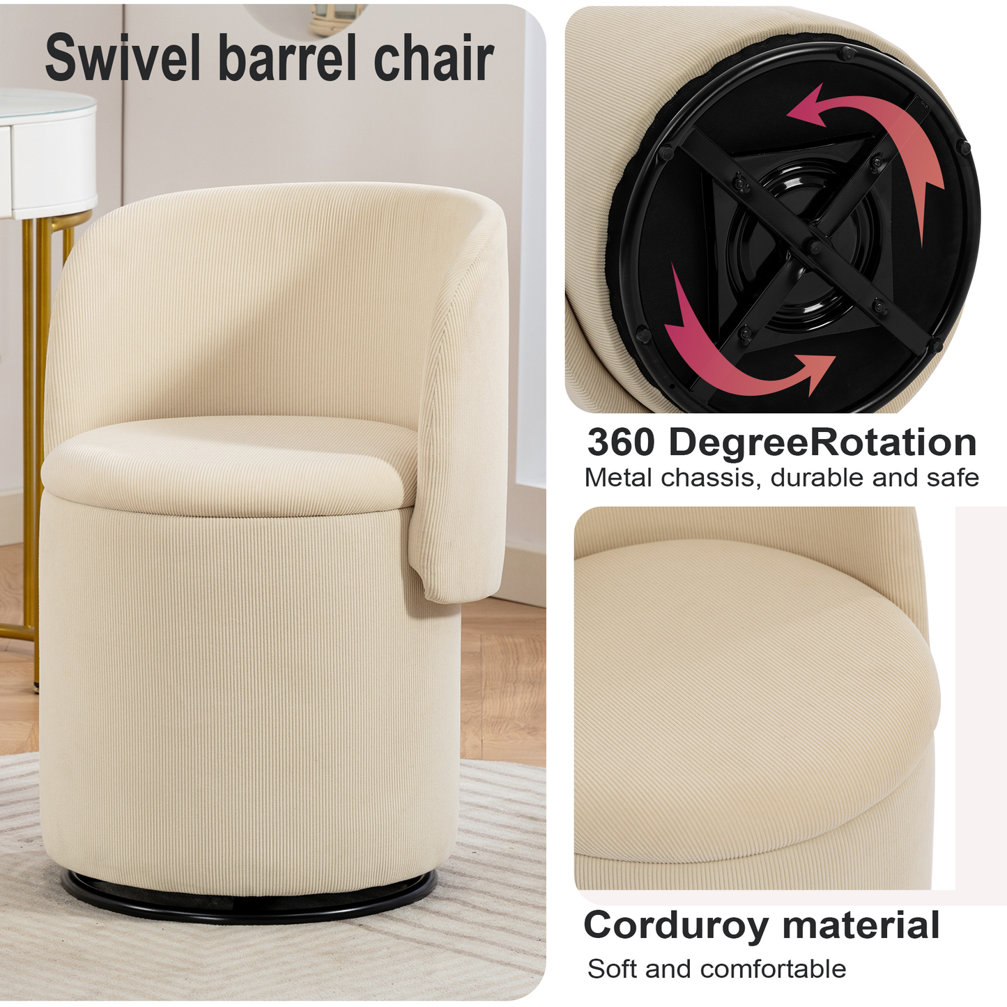 Stylish Upholstered Barrel Chair 360 Swivel Vanity Stool For Bedroom