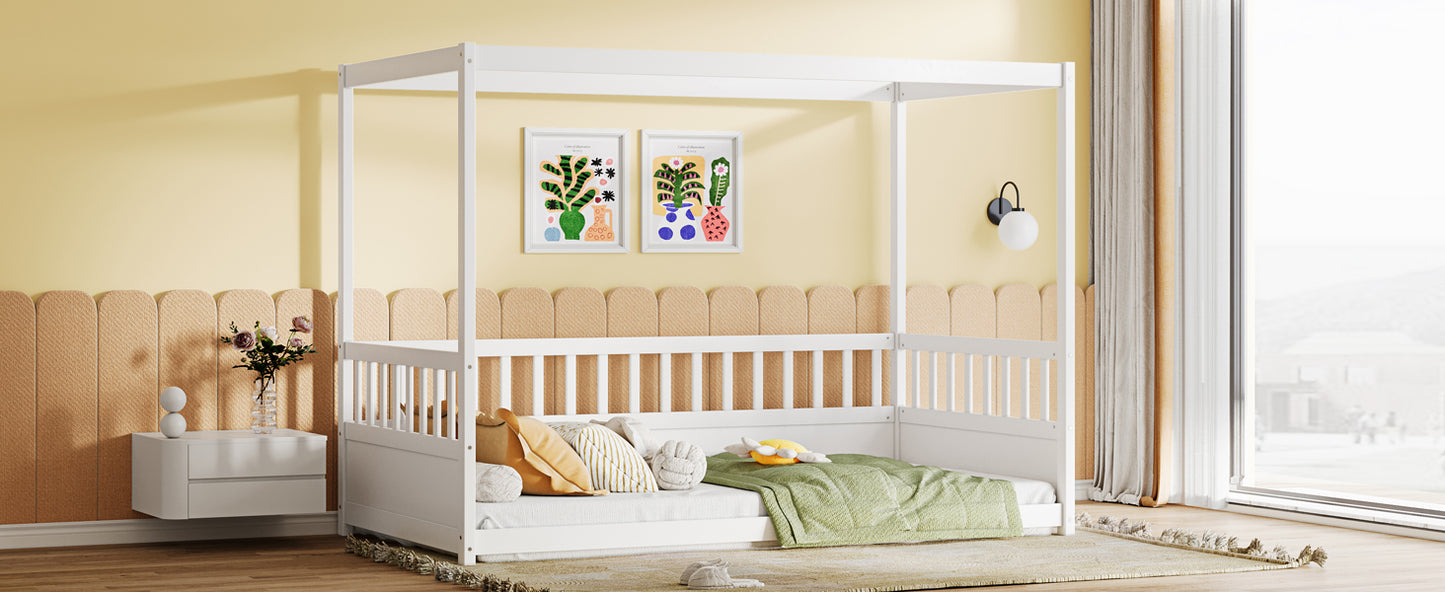 Twin Size Canopy Bed Frame with Guardrails - White