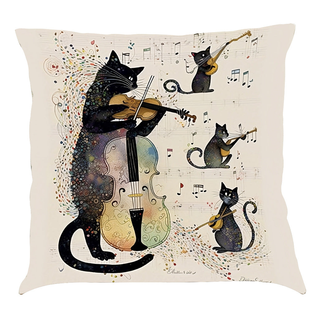 Musical Cats Printed Cotton Linen Pillowcase - Home Decor & Bedding