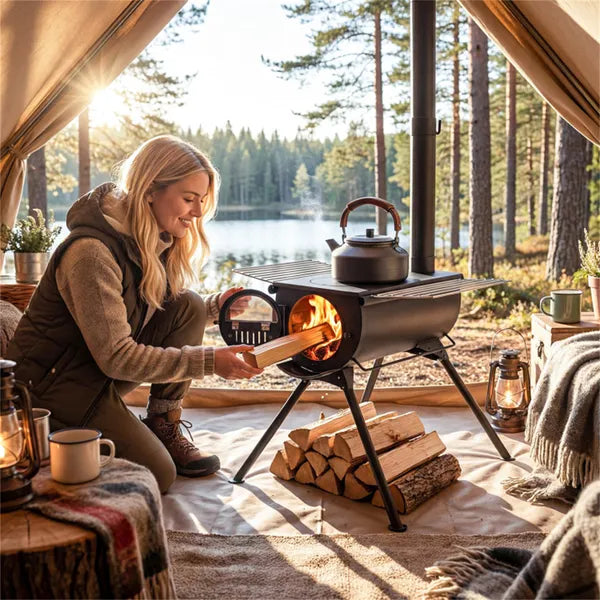 Portable Wood Burning Camping Stove with Chimney & Cooking Racks