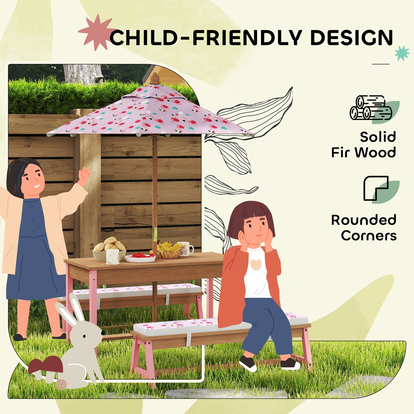 Kids Picnic Table Set with Umbrella & Removable Cushions - Pink Flamingo