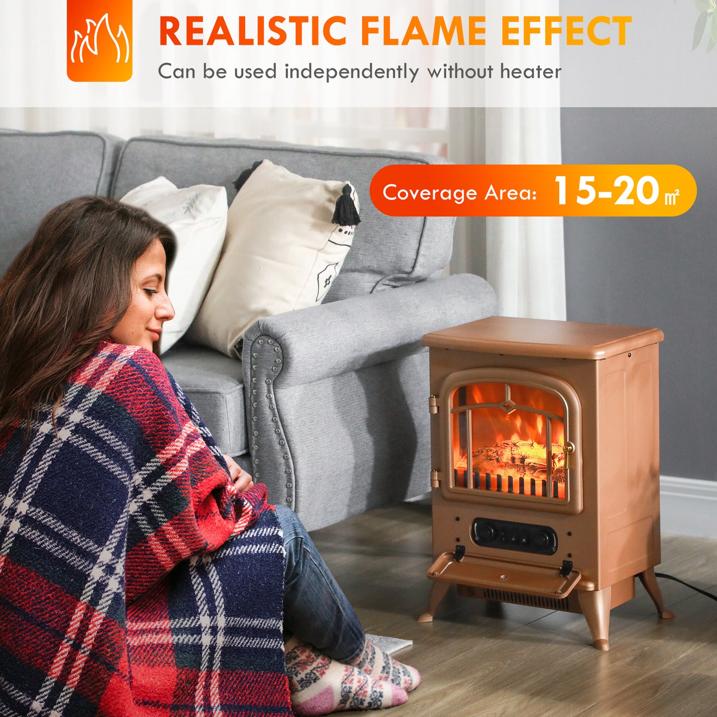 Electric Fireplace Heater with Realistic LED Flames and Logs, 725W/1450W, Dark Brown