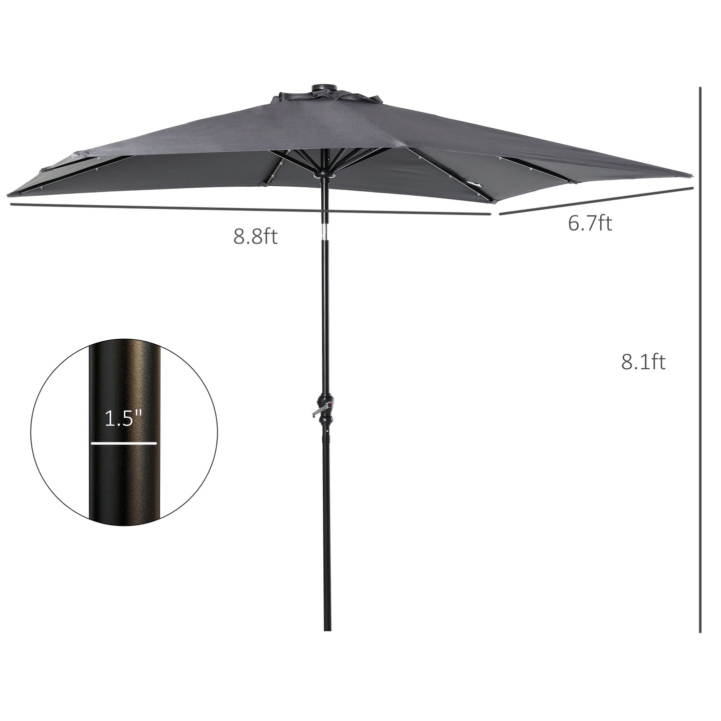 9x7 Ft Patio Umbrella with Crank and Solar LED Lights - Gray