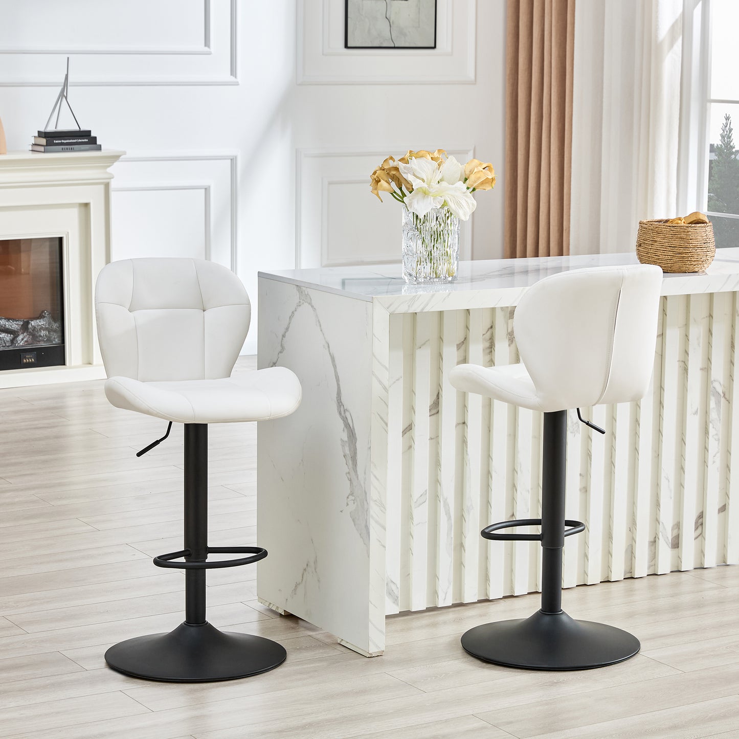 Set Of 2 Height Adjustable Bar Stools, White PU Upholstered Tufted