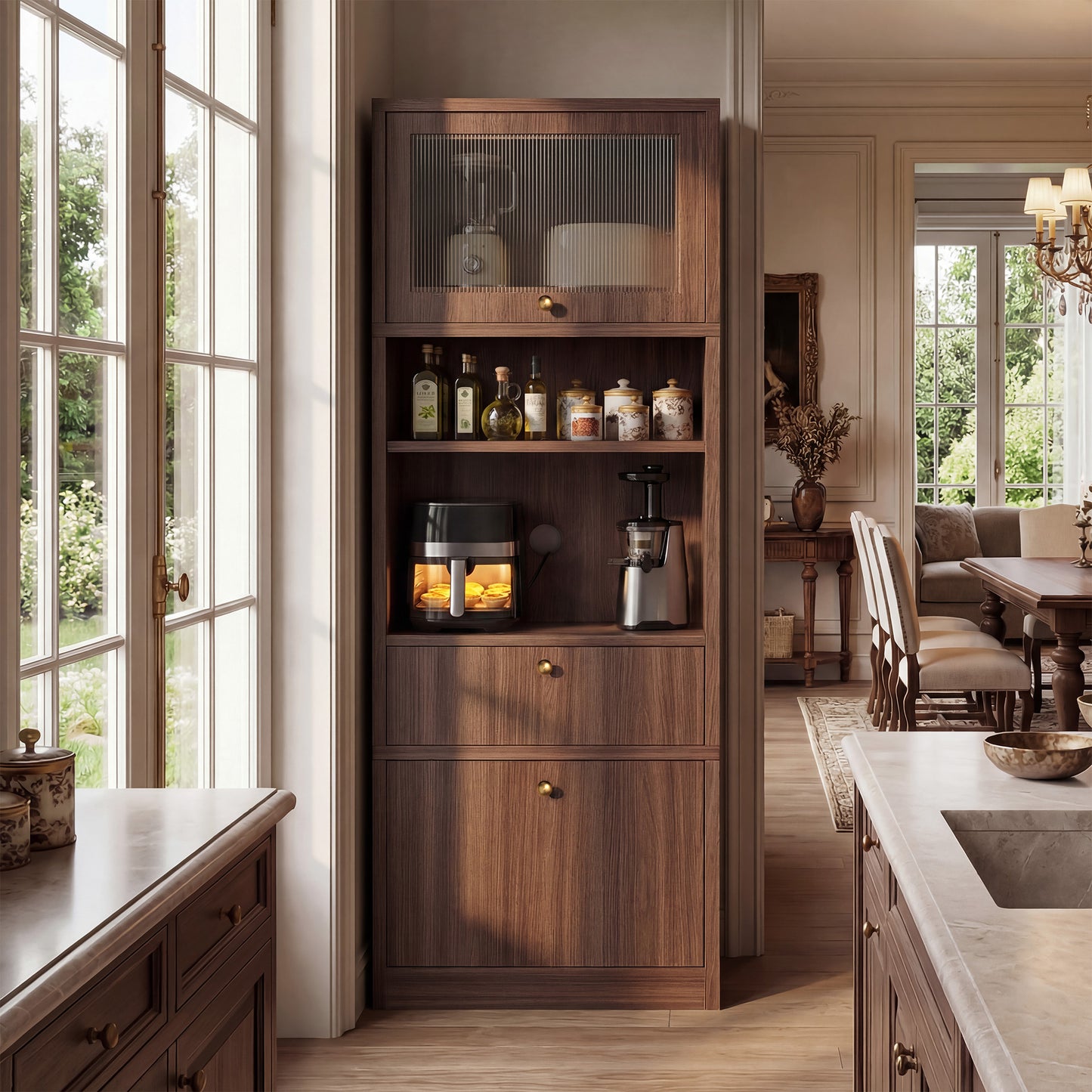 Tall Pantry Cabinet 71 Inch Storage with Adjustable Shelves - Walnut