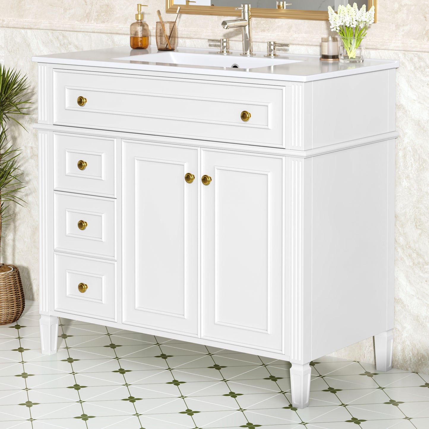 36 Inch Bathroom Vanity with Sink - White Solid Wood Cabinet