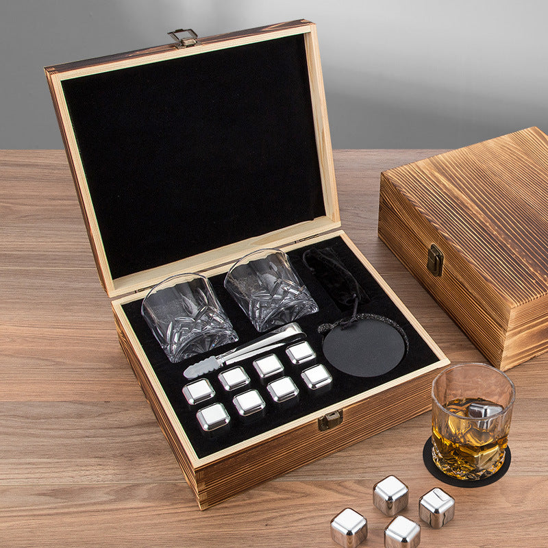 Stainless Steel Wooden Ice Cube Box Set with Cups and Accessories