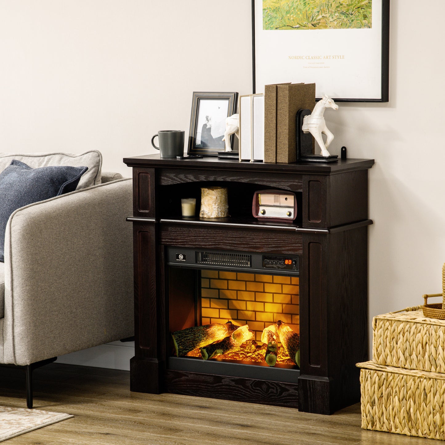 32-Inch Freestanding Electric Fireplace with Mantel, Remote Control, 1400W - Brown