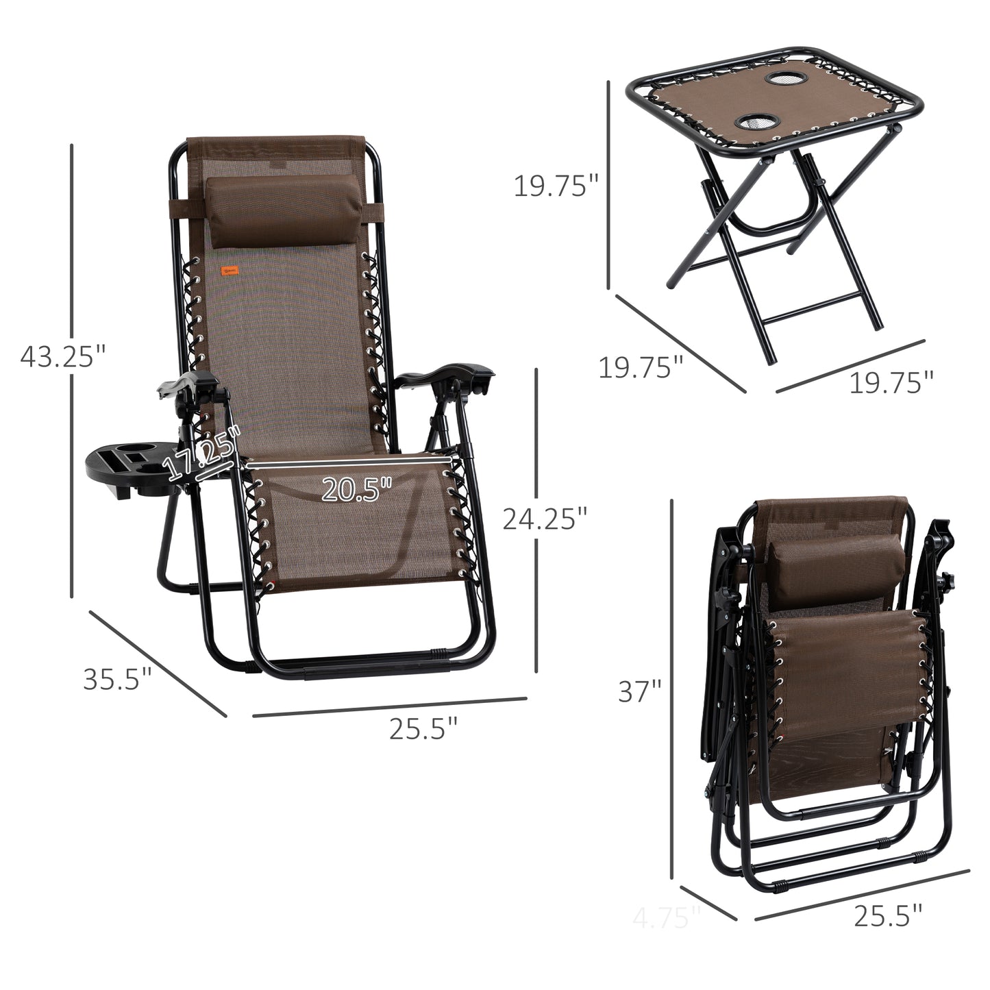 Folding Zero Gravity Chair Set with Side Table & Cupholders - Brown