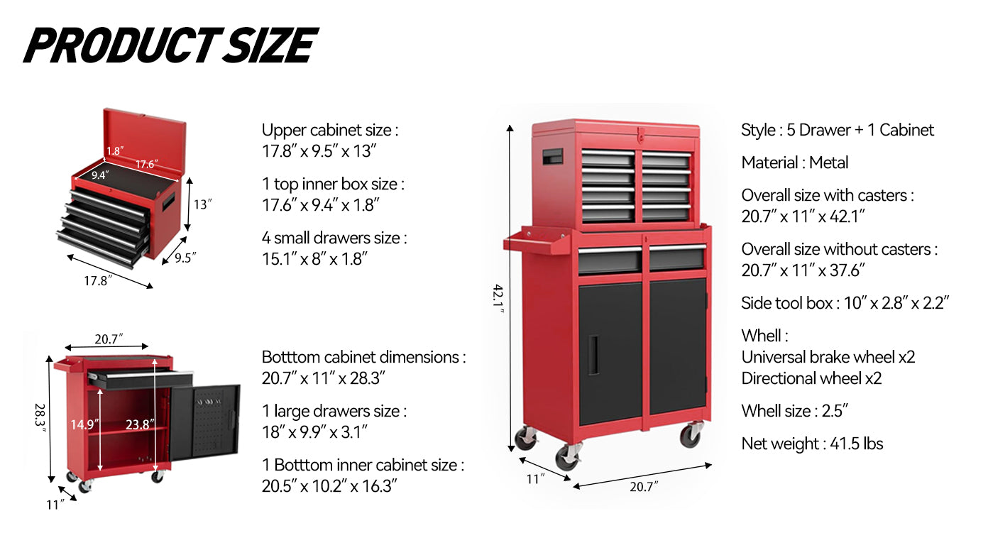 Heavy Duty Metal Tool Storage Cabinet with Lockable Wheels and Detachable Toolbox