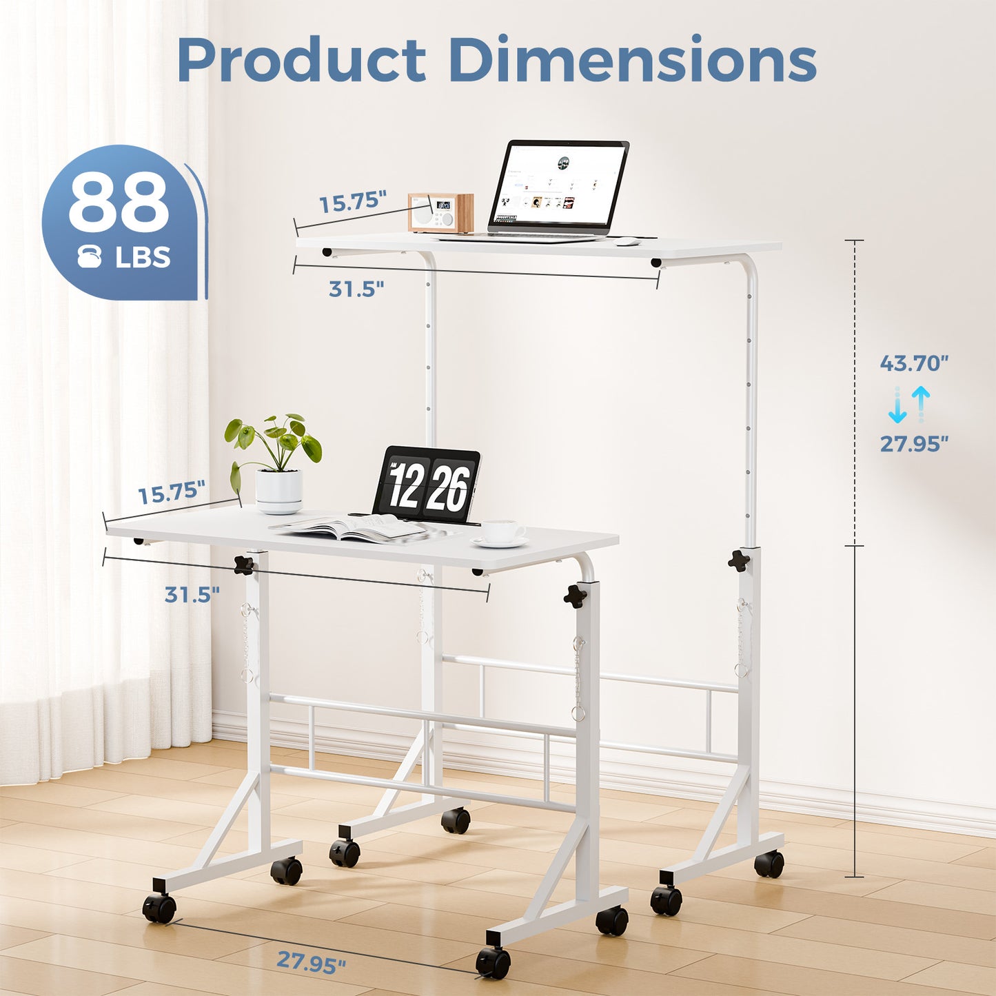 31.5-inch Adjustable Mobile Desk with Locking Wheels - Multiple Colors