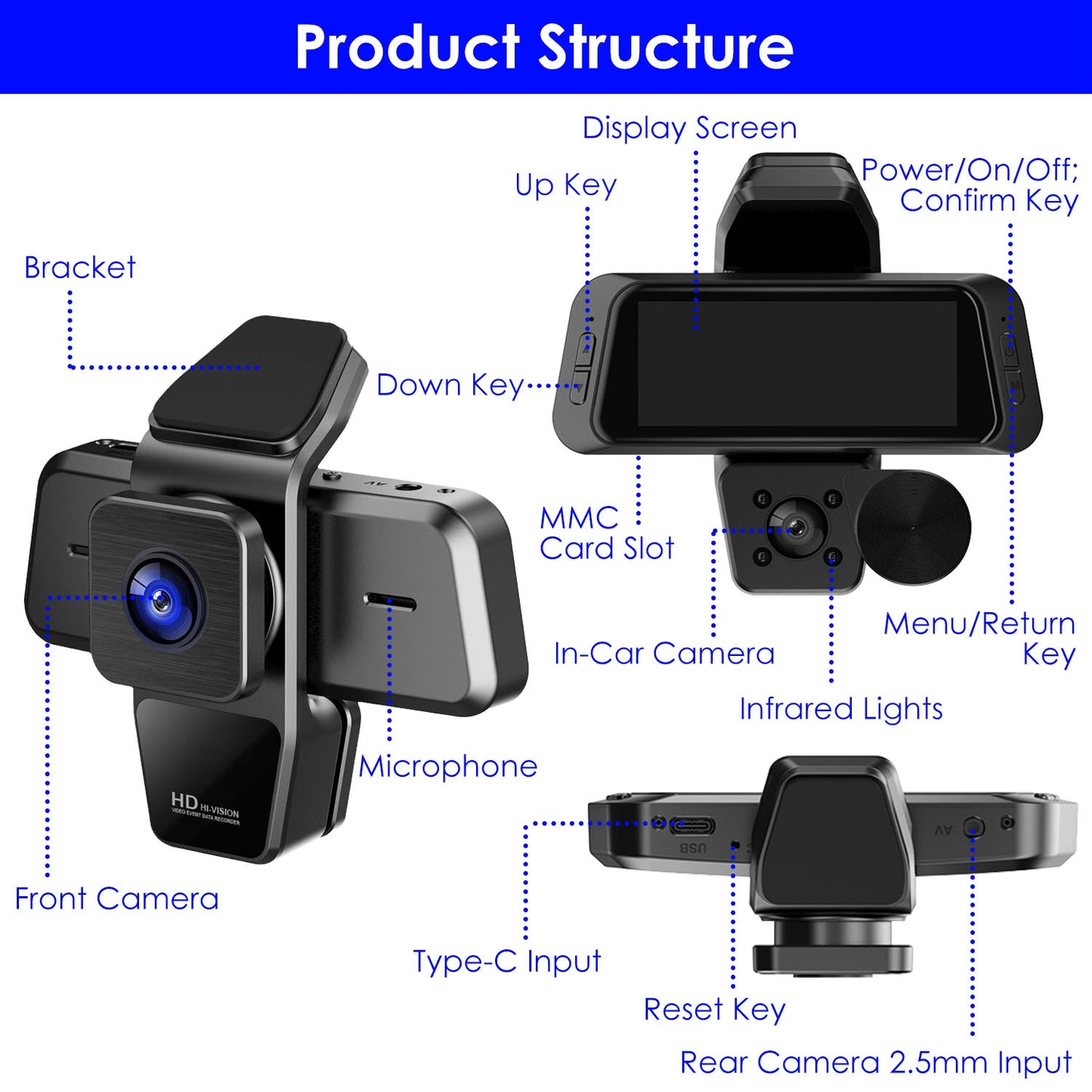 1080P FHD 3-Channel WiFi Dash Cam with Night Vision & Motion Detection