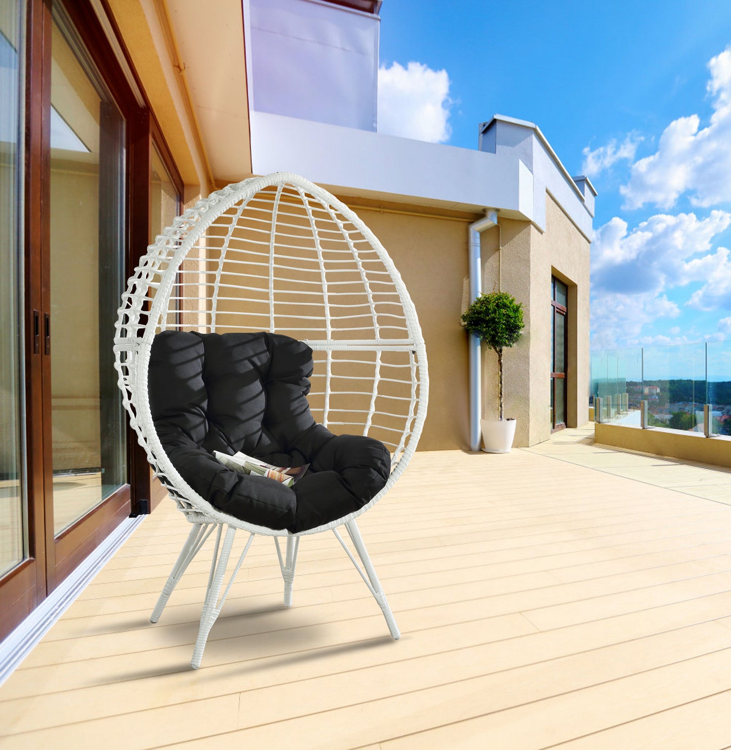 Black Fabric & White Wicker Patio Lounge Chair - Outdoor Seating