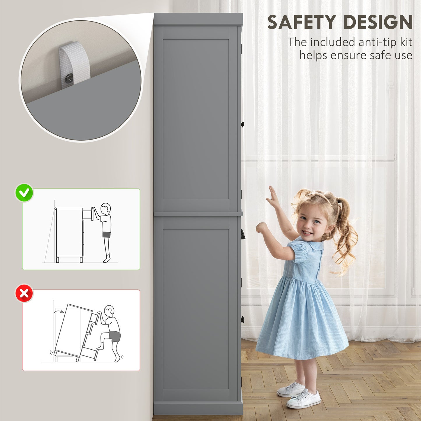 72.5" Gray Kitchen Storage Cabinet with Doors & Shelves