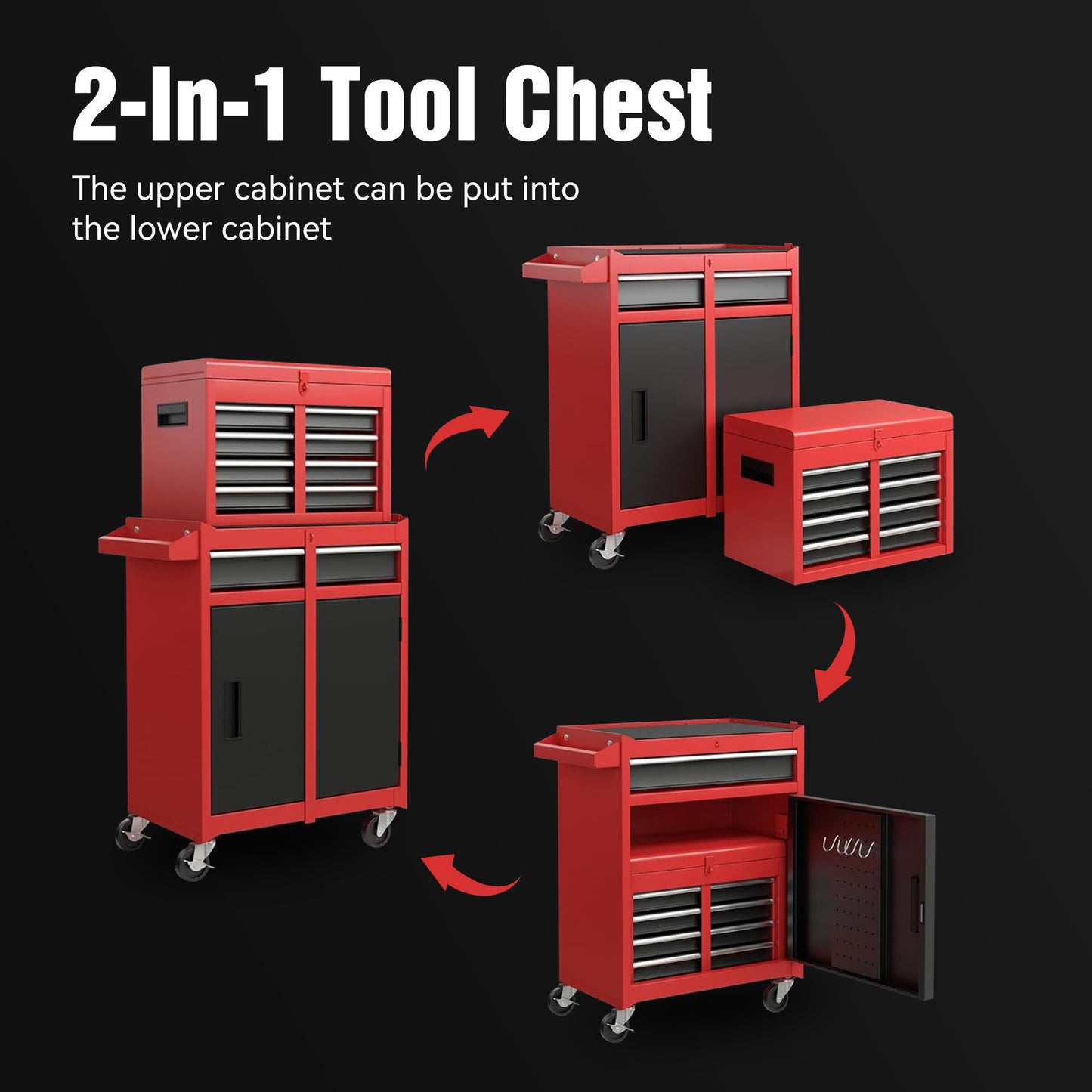Heavy Duty Metal Tool Storage Cabinet with Lockable Wheels and Detachable Toolbox