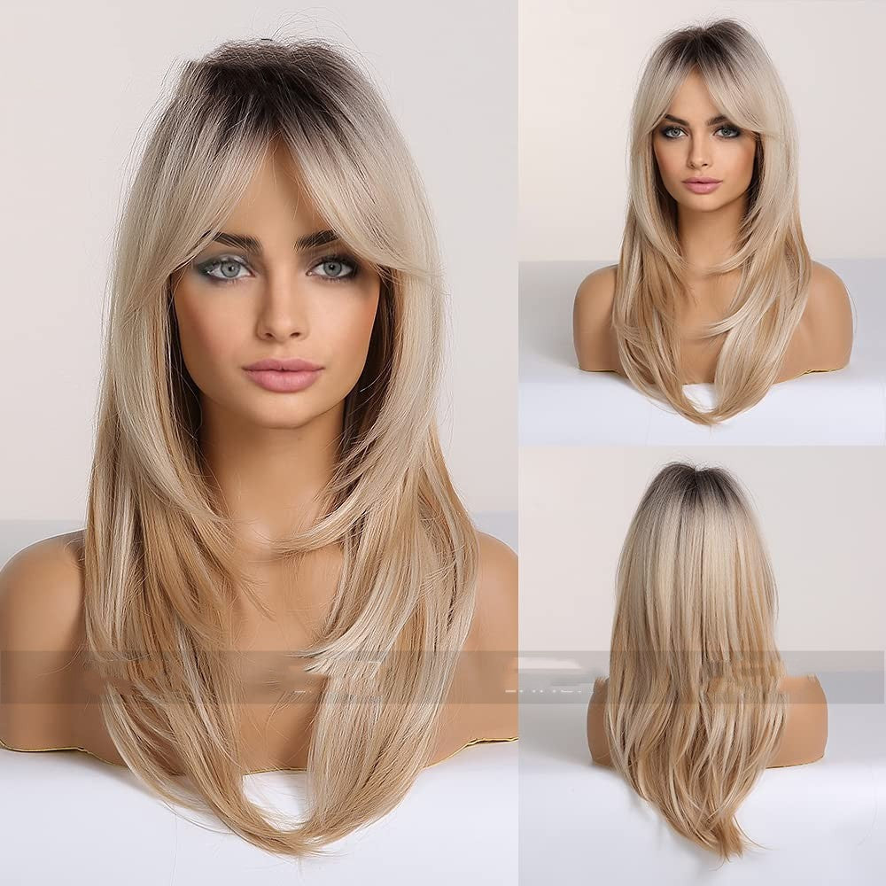 Mid-Length Straight Hair Wig with Gradient Colors for Ladies - Synthetic Fiber, Multiple Shades
