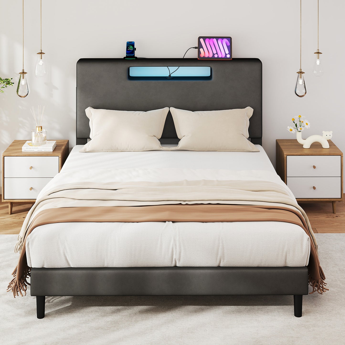 Full Size Upholstered Bed Frame With High Headboard Adjustable LED