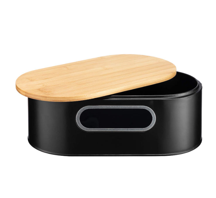 Black Metal and Bamboo Bread Box - Food Storage Organizer for Kitchen