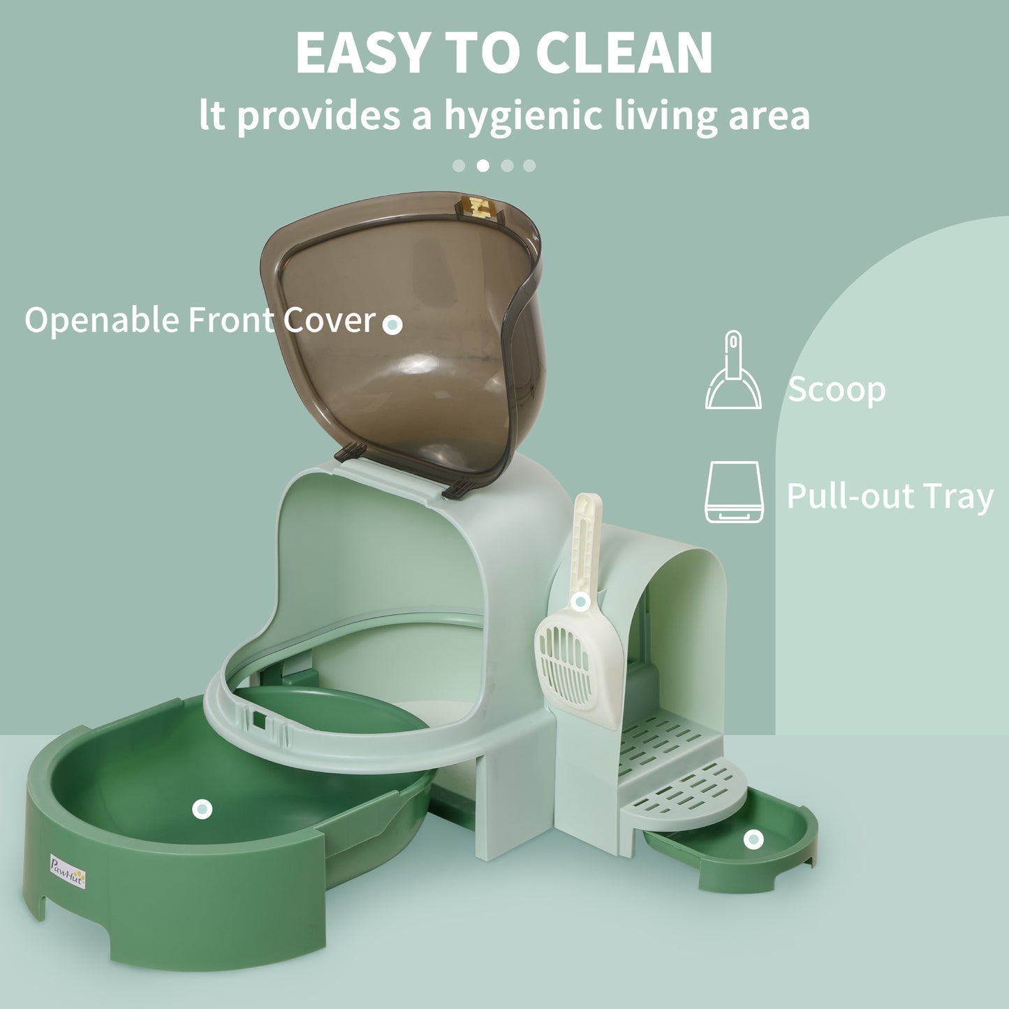 Open-Front Cat Litter Box with Scoop - Spacious, Easy to Clean, Green