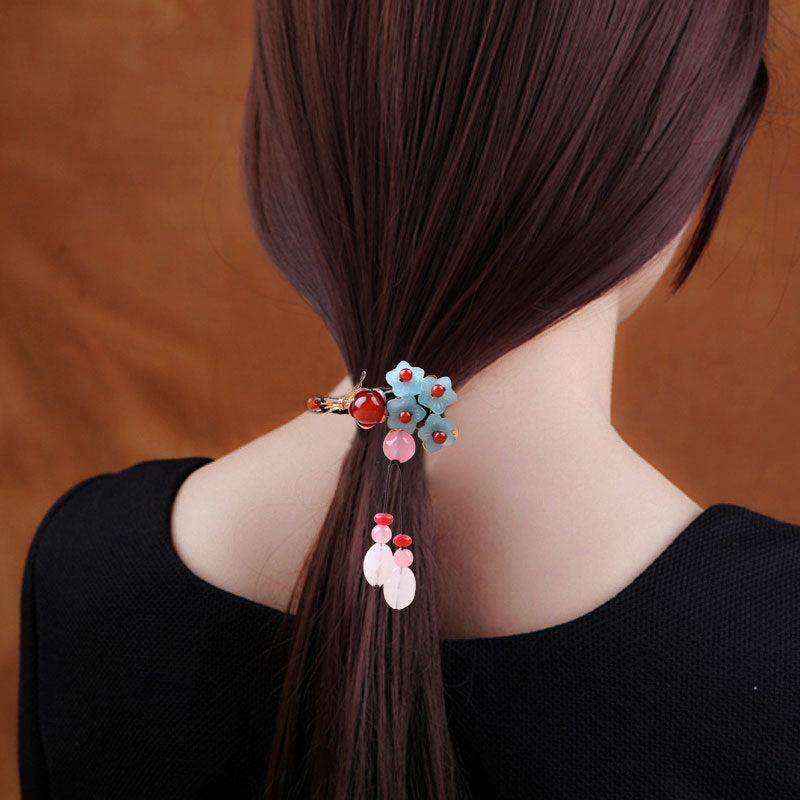 Glazed Agate Hair Ring with Tassel - Blue