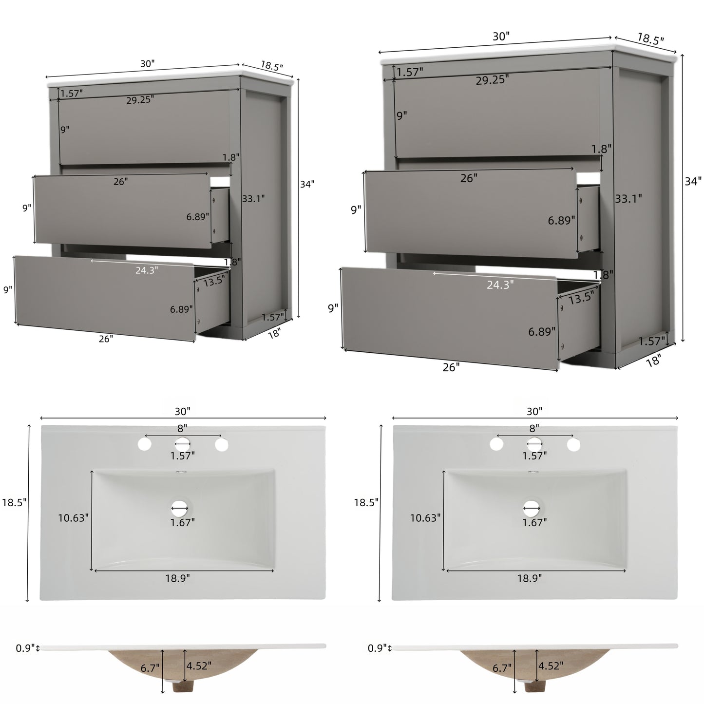 60" Double Sink Bathroom Vanity Set with Ceramic Sinks - Gray