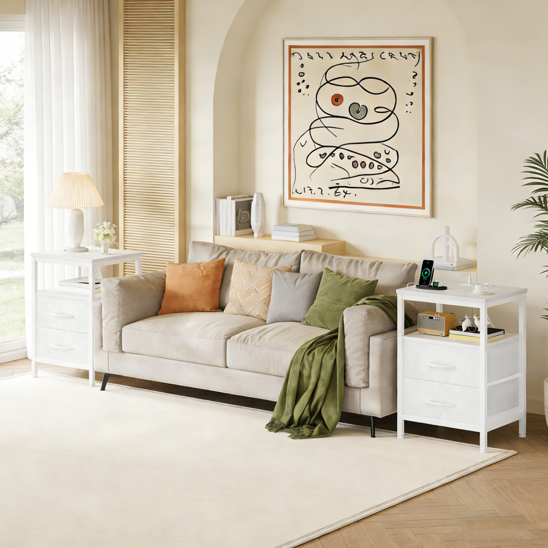Compact Bedside Table with Charging Station & Fabric Drawers