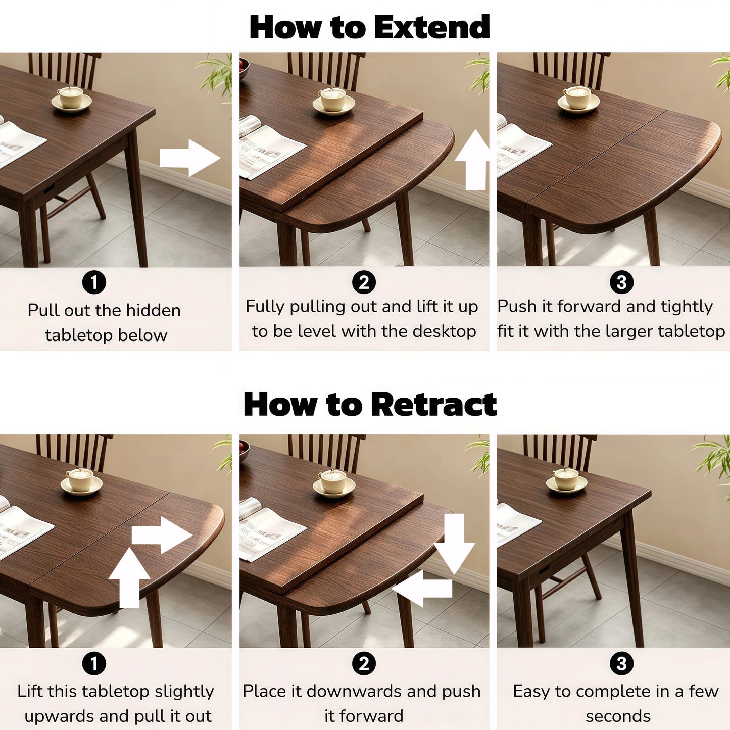Extendable Solid Wood Dining Table for 4-10 People - Walnut