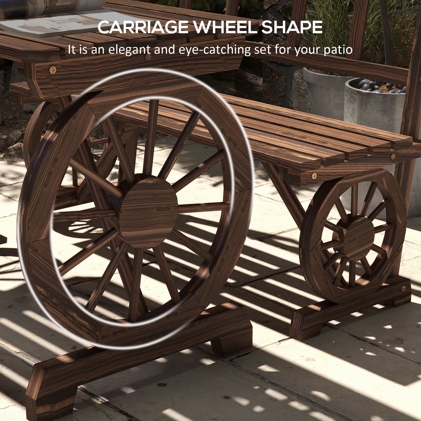 Wagon Wheel Outdoor Furniture Set for 4 - Carbonized Pine
