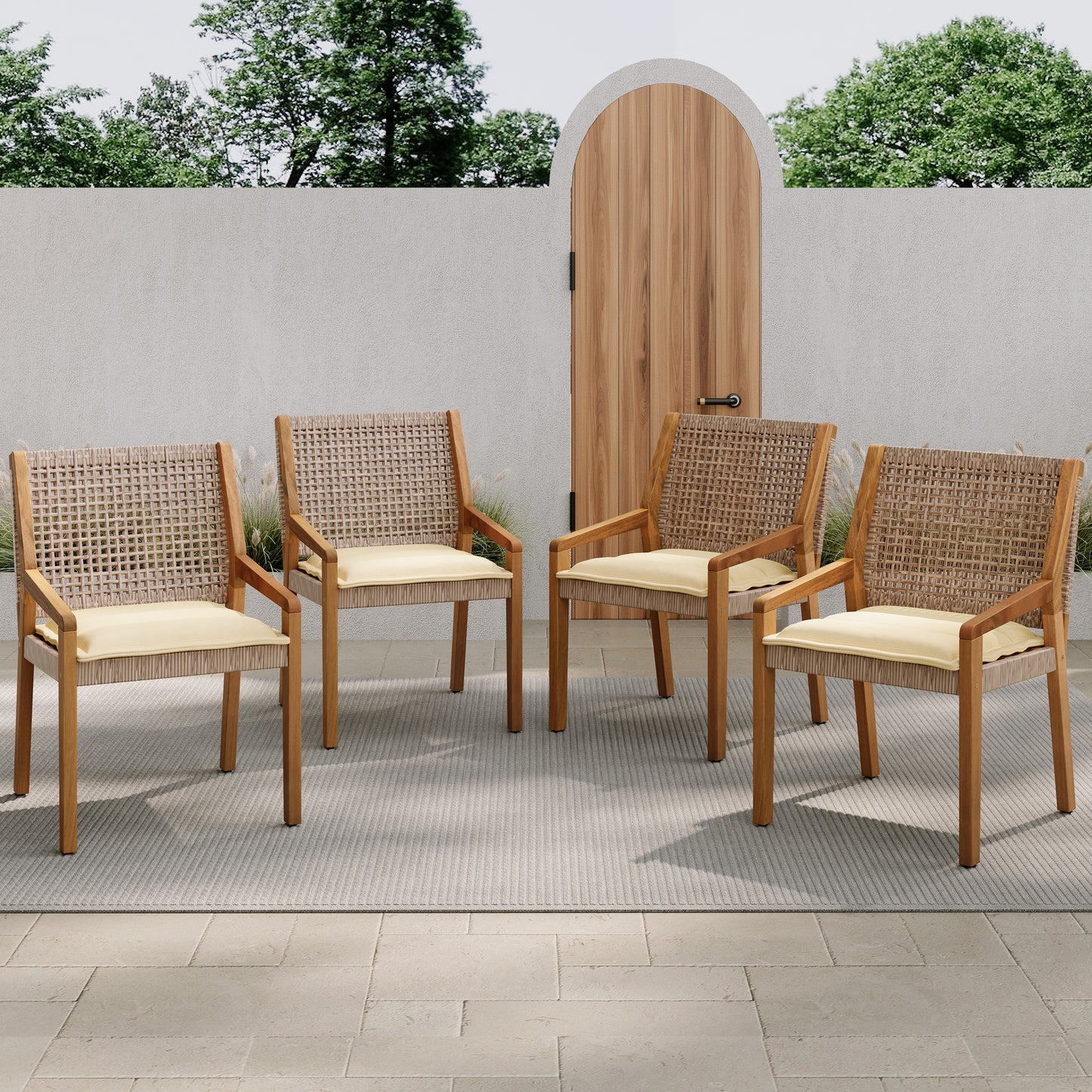 OUTDOOR DINING CHAIR -Acacia Wood & Wicker With Cream Cushion Patio