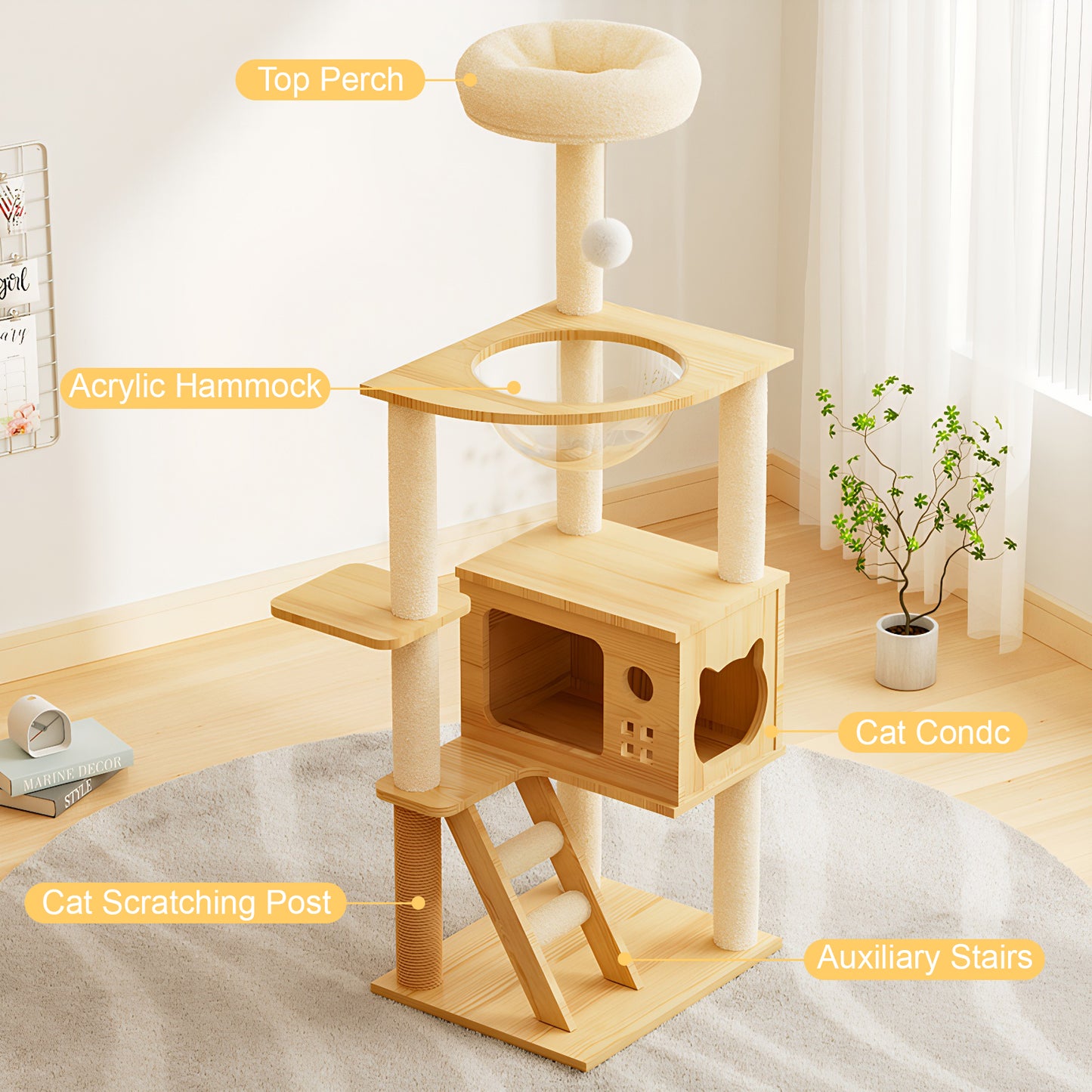 48.8-Inch Modern Wooden Cat Tree Tower with Sisal Posts & Top Perch