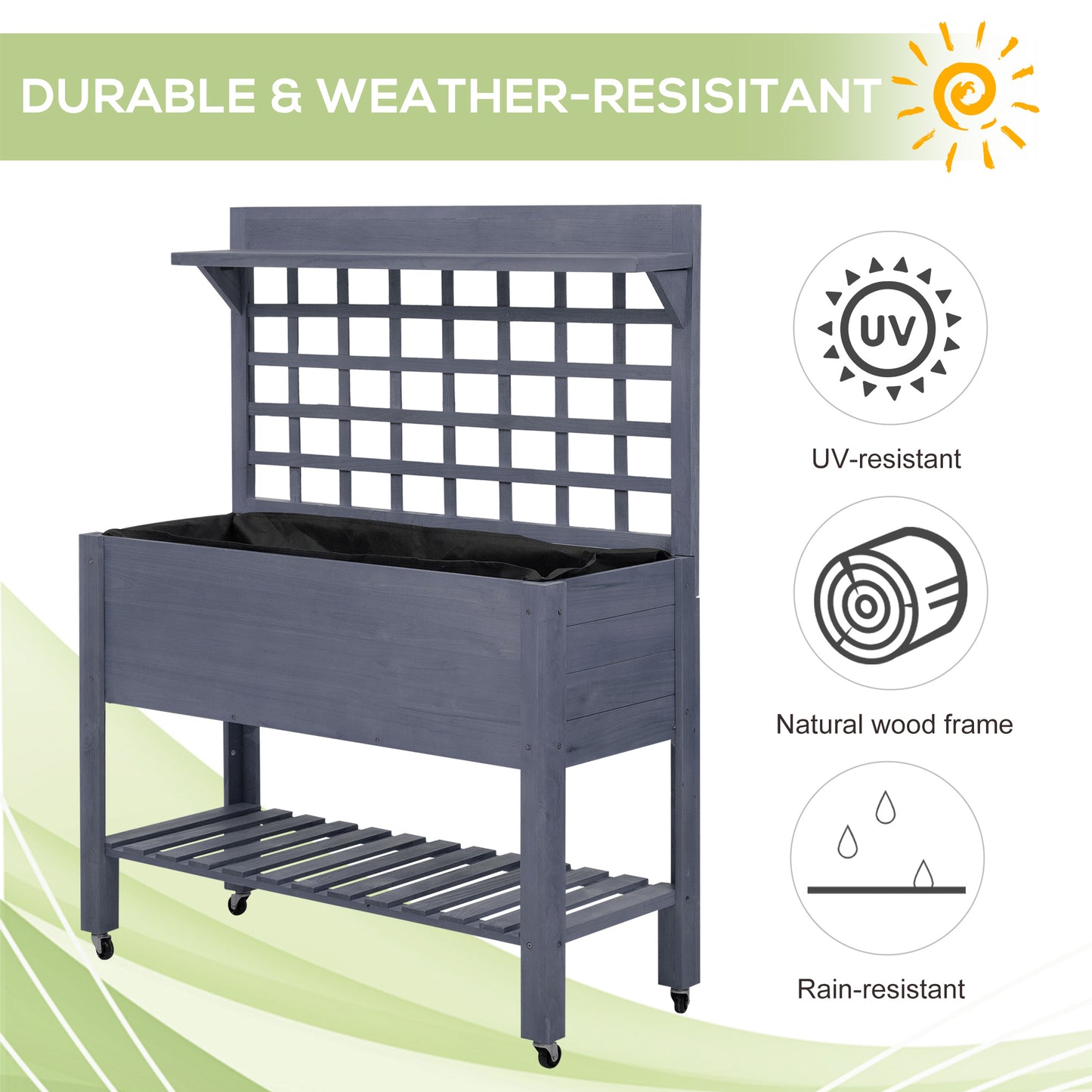 41-Inch Elevated Wooden Garden Bed with Wheels and Trellis - Gray
