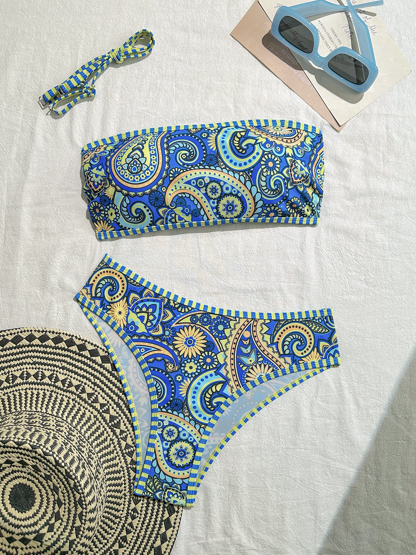 Women's Paisley Print Bandeau Bikini Set - Strapless & High Cut