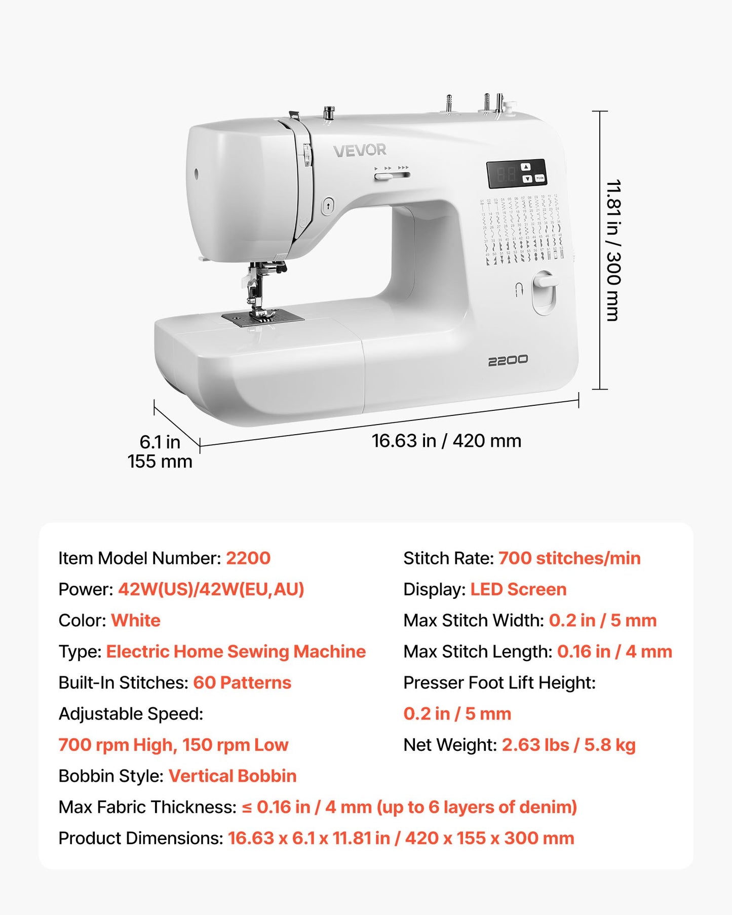 Digital Sewing Machine with 60 Stitch Applications, LED Screen & Heavy-Duty Frame