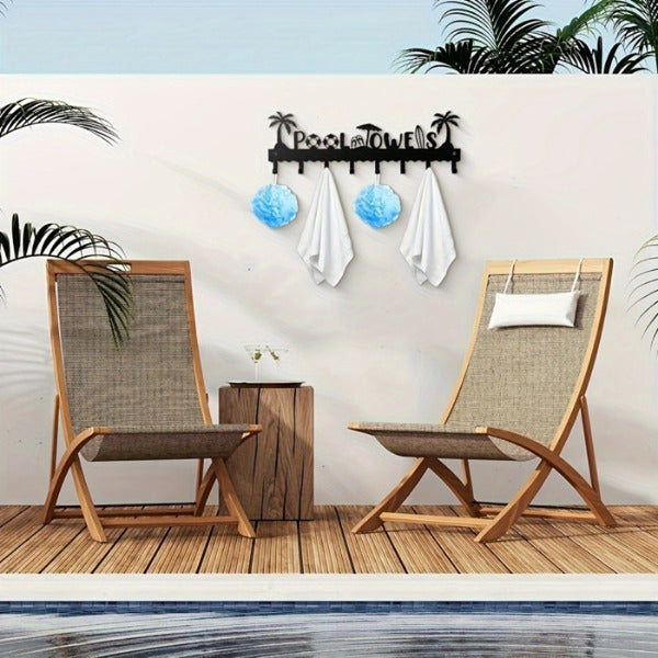 Handmade Iron Pool Towel Rack with 8 Hooks - Black