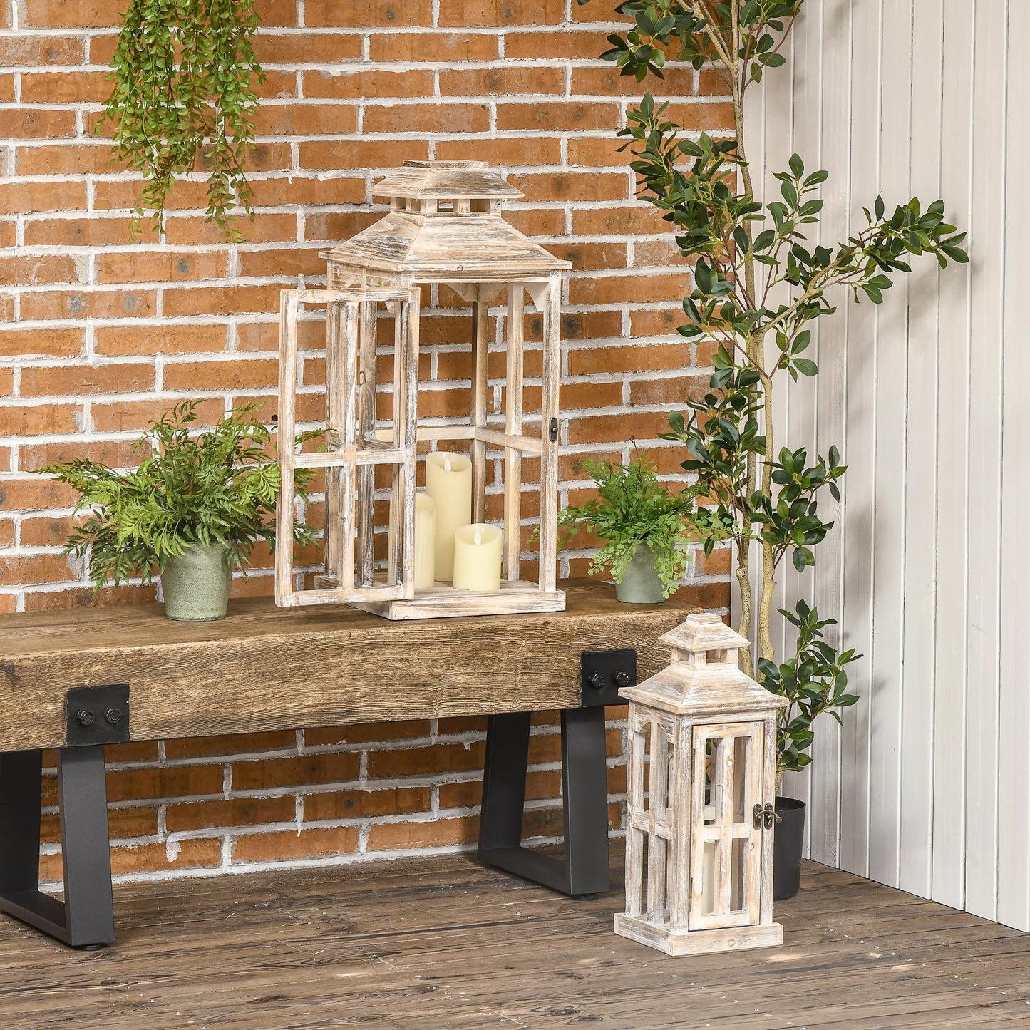 Rustic Wooden Lantern Set - 28" & 20" Decorative Indoor/Outdoor