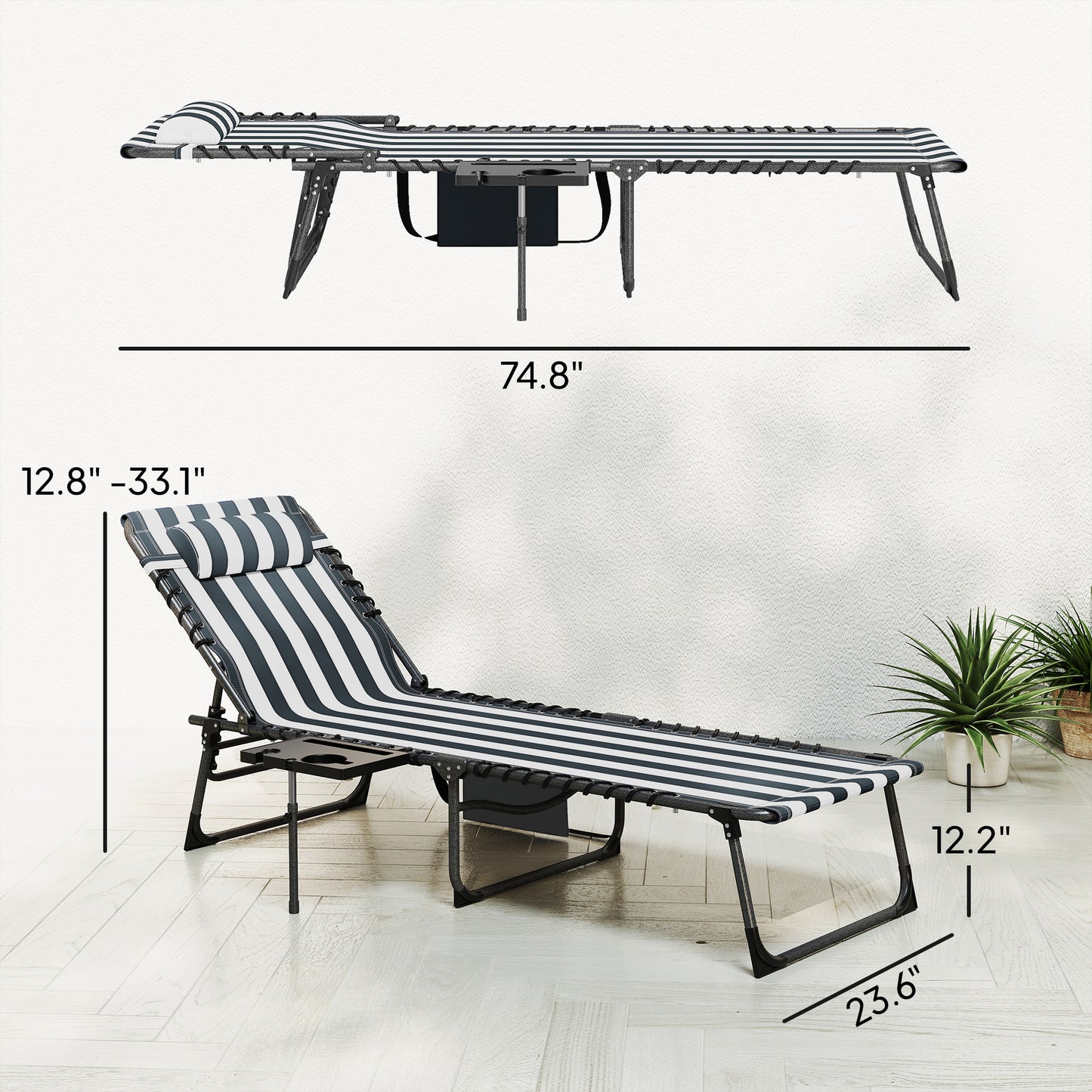 Folding Outdoor Chaise Lounge Chair with Adjustable Back & Side Table - Blue & White