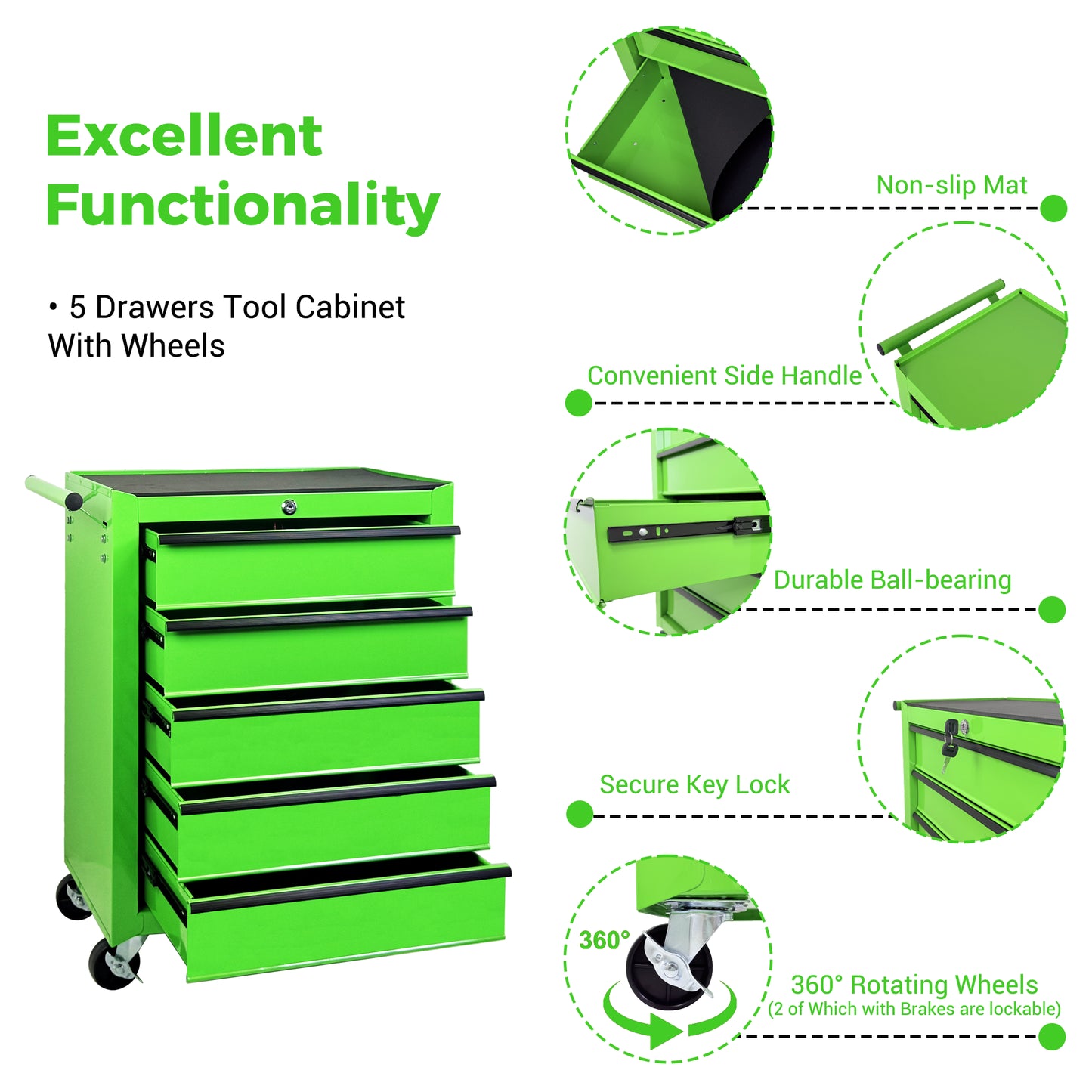 20-Inch Steel Rolling Tool Chest with 5 Drawers - Green