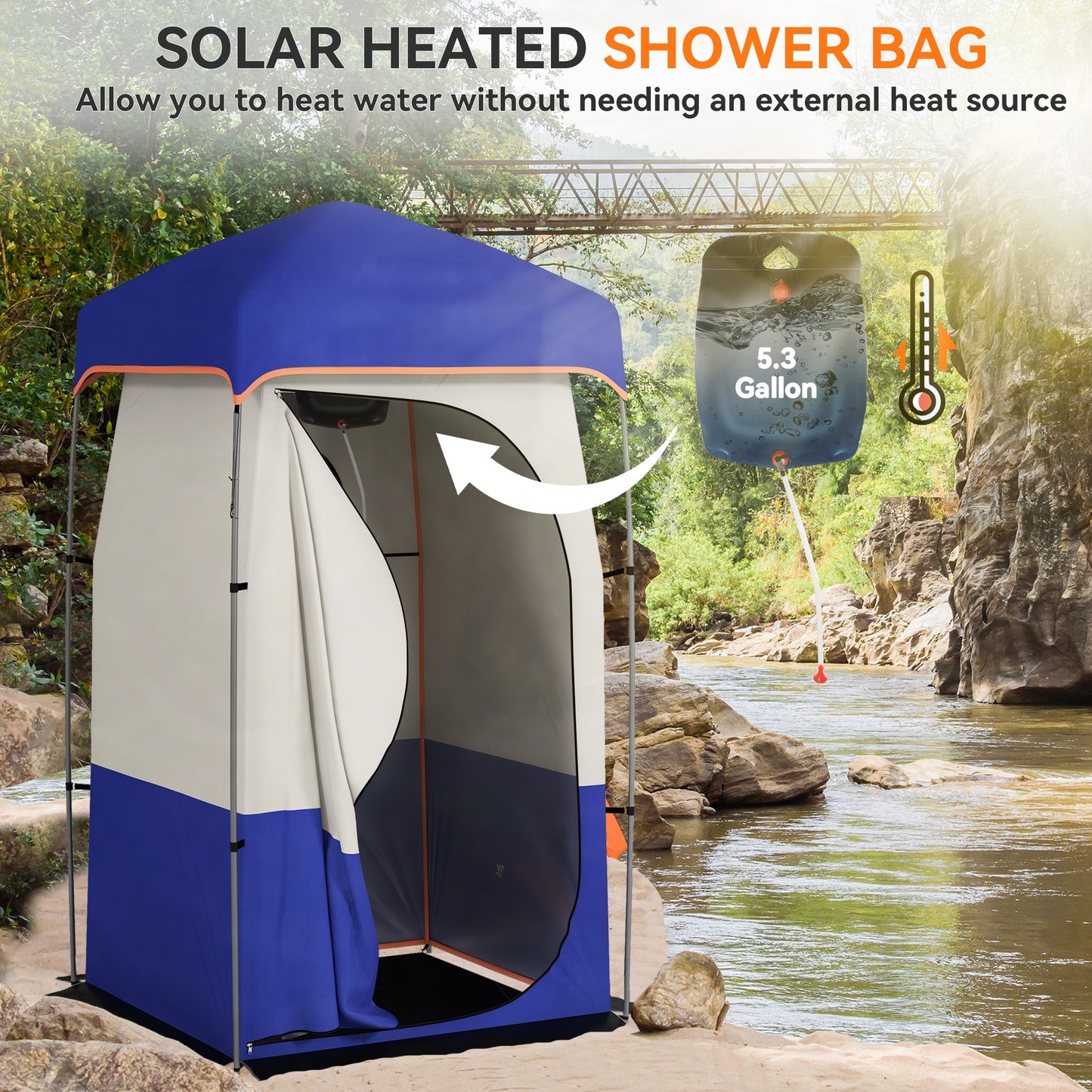 Portable Camping Shower Tent with Solar Shower Bag - Blue
