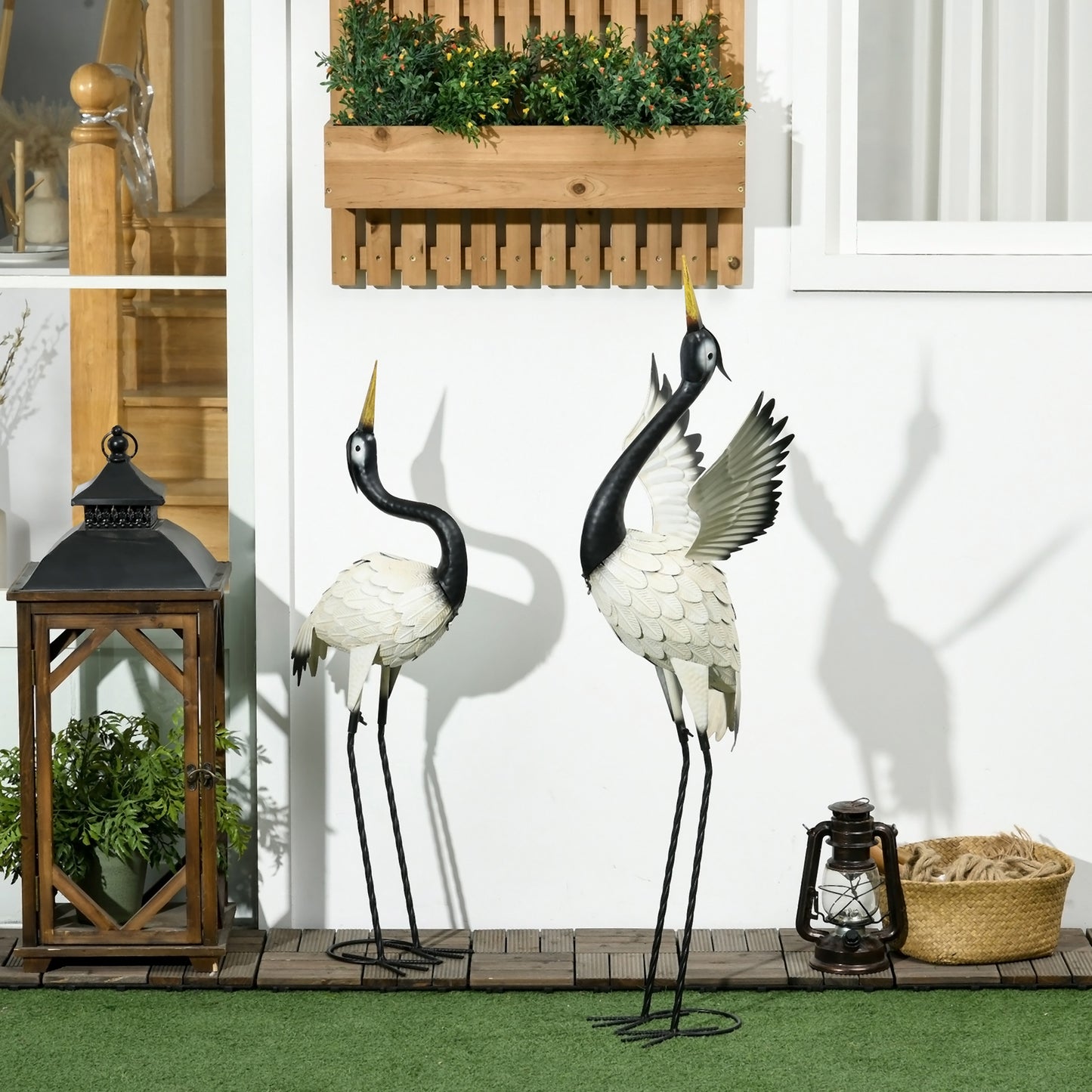 Set of 2 Heron Garden Statues - Black & White Lawn Sculptures